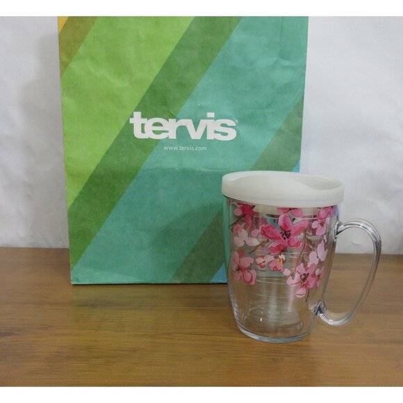 Tervis Japanese Pink Cherry Blossom Coffee Mug with White Lid, 16 oz, Clear NEW - Picture 2 of 7
